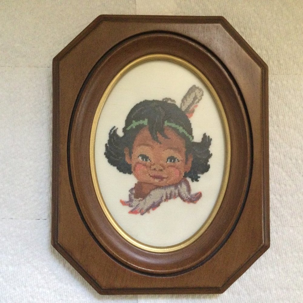 Vintage needlework petit point embroidery framed native boy portrait